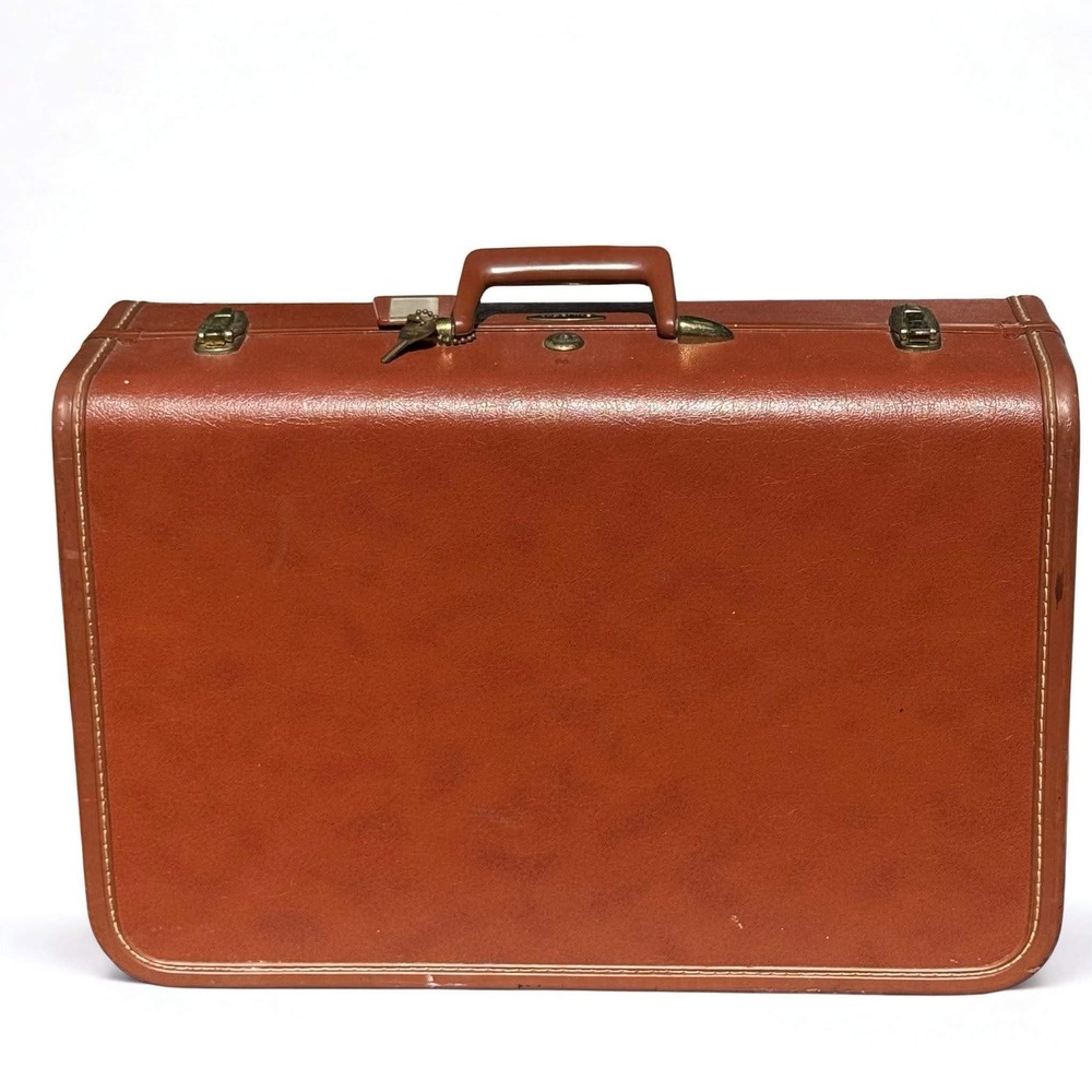 Vtg 60's Taperlite Tri-Taper Hard Suitcase Oaky Brown 21" With Key And Dividers